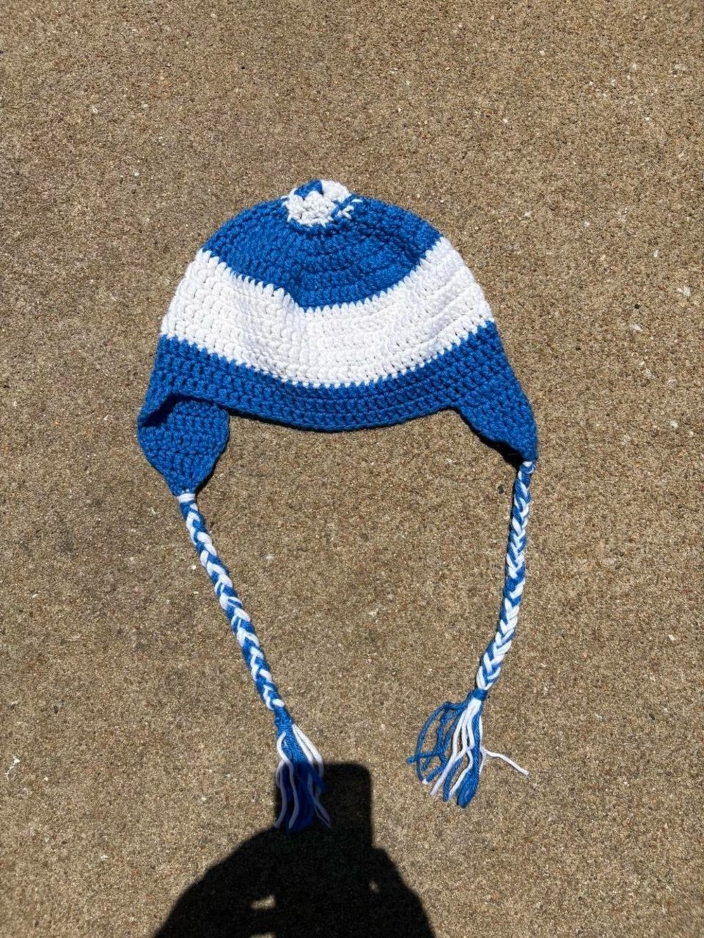 Handmade unisex cotton/acrylic blue and white crocheted earflap beanie